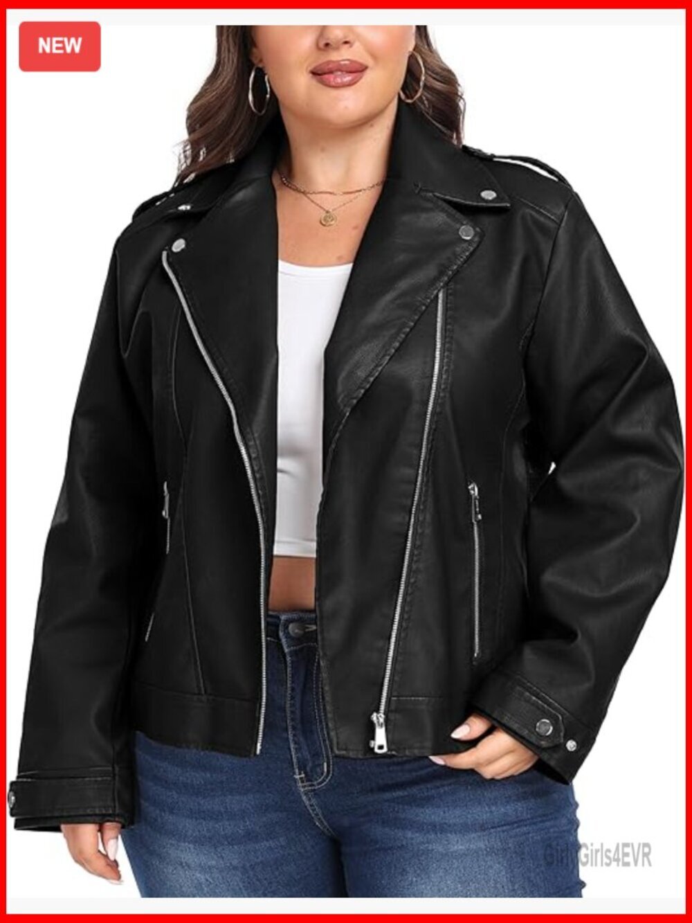 Plus Size Faux Leather Moto Jacket with Lapel Collar and Multiple Pockets